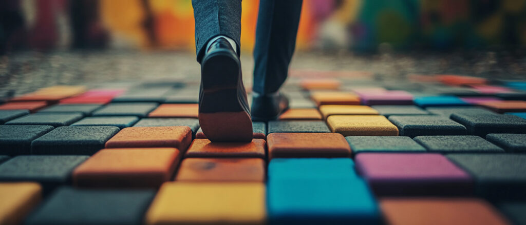 Person walking down a city street, symbolizing forward movement and proactive decision-making in business risk management.