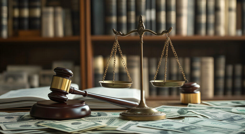 A professional desk setup featuring a wooden gavel, a stack of dollar bills, and the scales of justice, symbolizing the intersection of law, finance, and public relations.
