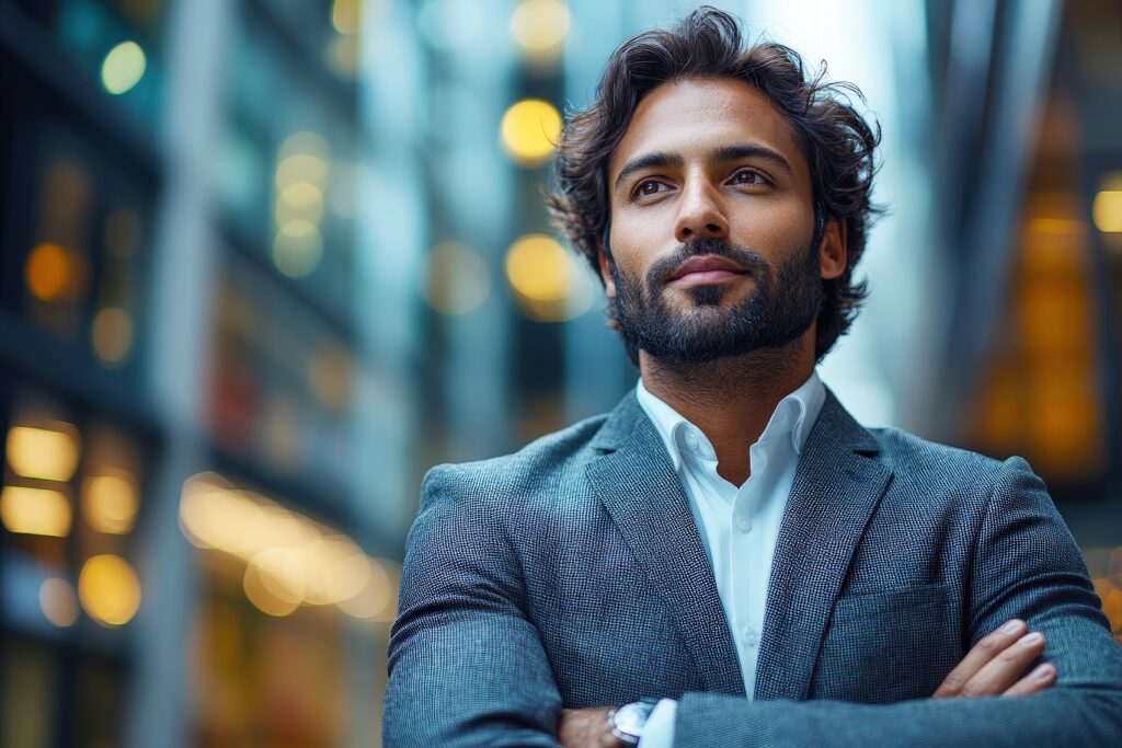 Confident businessman in a gray suit standing in a modern urban setting with blurred city lights in the background. He looks forward with determination and success-driven focus.