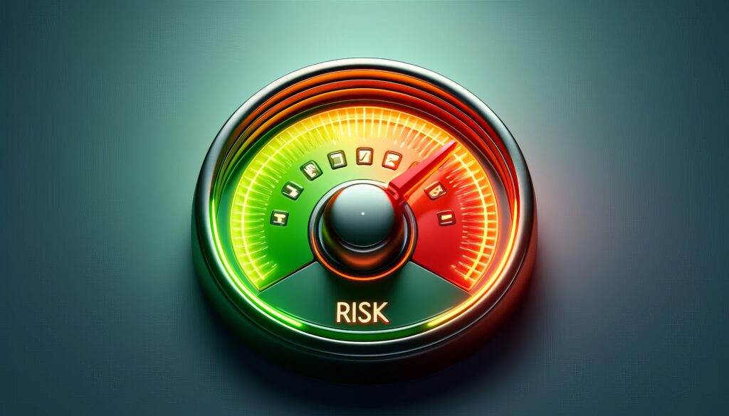 A futuristic risk assessment gauge with a needle pointing to the red danger zone, symbolizing high risk levels and the importance of proactive risk management in business and crisis planning.
