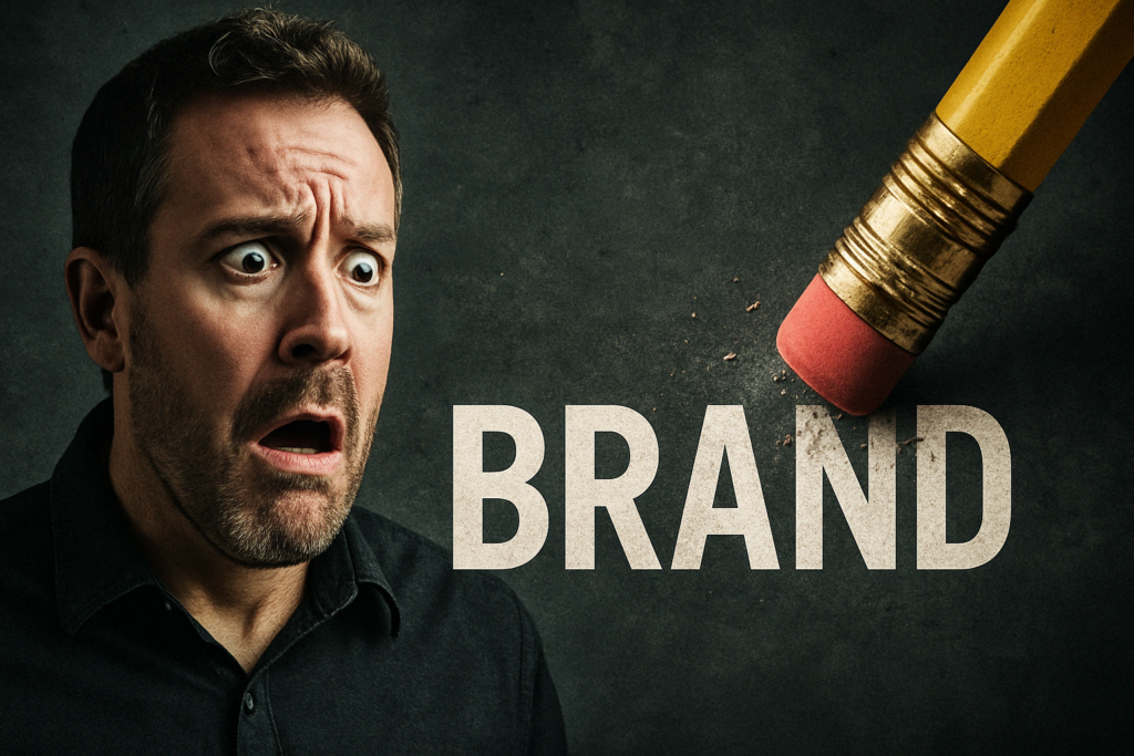 A surprised man with wide eyes and an open mouth looks toward the word "BRAND" as a large pencil eraser begins to rub it out, symbolizing the unexpected loss or erasure of brand identity. The background is dark and textured, creating a dramatic and tense atmosphere.