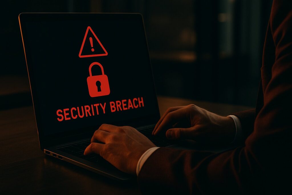 A business professional at a laptop reviewing a red security breach warning screen in a dimly lit office environment.