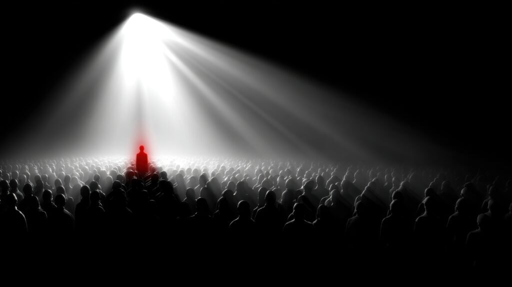 A lone figure illuminated under a bright spotlight in a crowd of dark silhouettes, symbolizing public scrutiny, exposure, and leadership under pressure.