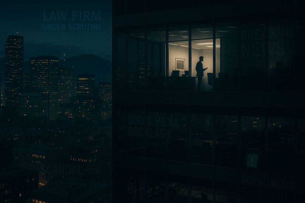 A modern city law office (Denver-style skyline) at night with light pouring out of just one floor — giving the feel of late-night decision-making during a crisis. A subtle overlay of news headlines or glowing phone notifications adds urgency.