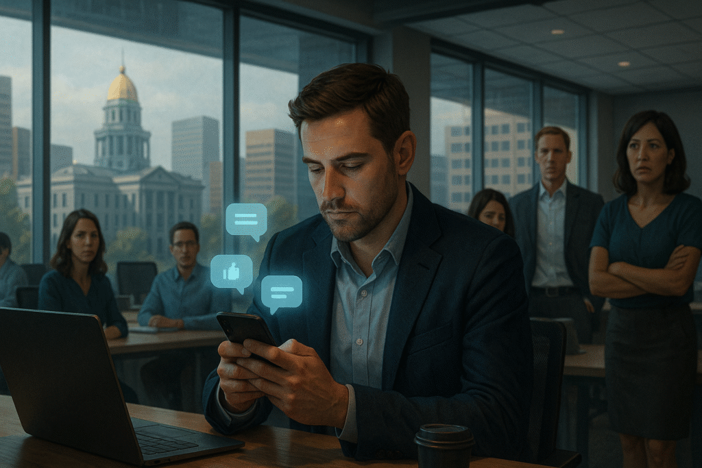 Employee in a Denver office scrolling on phone with glowing social media icons, while coworkers look on with concern and the Colorado State Capitol visible through large windows.