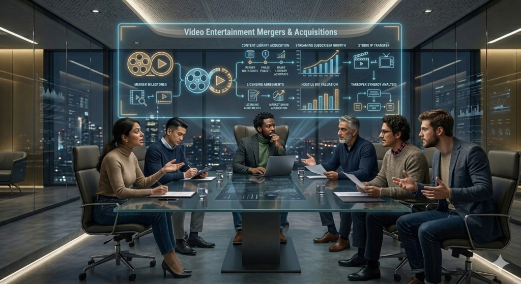 A photorealistic image of six diverse professionals in a modern, glass-walled boardroom at night, overlooking a glowing city skyline. The group is dressed in corporate-casual attire, including sweaters, blazers, and button-downs. They are captured in a dynamic, tense discussion around a sleek glass conference table. At the center, a man in a green turtleneck looks thoughtfully at his laptop. Floating above the table is a complex, blue and gold holographic interface. It features icons of film reels, play buttons, data charts, and text like "Video Entertainment Mergers & Acquisitions," "Content Library Acquisition," and "Hostile Bid Valuation." The lighting is cinematic, casting a serious and consequential mood over the room.