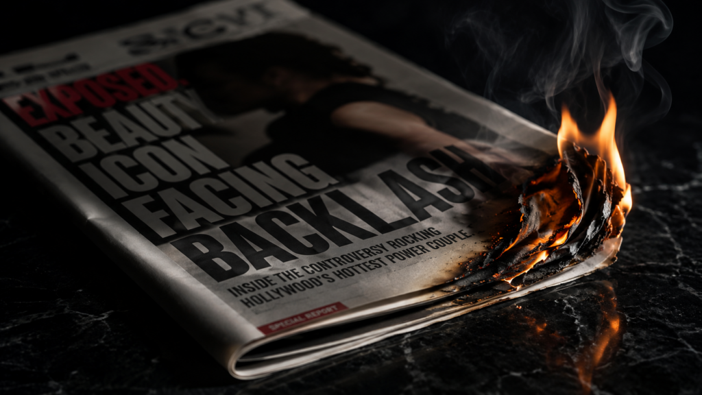 Glossy celebrity-style magazine burning at one corner on a dark marble surface, with smoke rising and bold scandal headlines suggesting media-driven reputational damage.