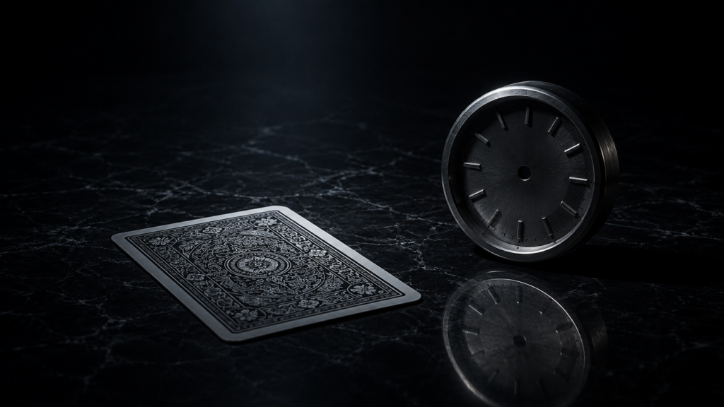 A face-down playing card beside a handless clock on a dark surface, representing the cost of silence in celebrity crisis management.